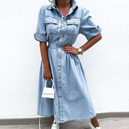 vmtvr New Turn-down Collar Short Sleeve Summer Dress Women's Single Breasted Pocket Casual Dress Denim High Waist Pleated 2024 Dresses