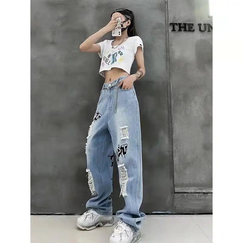 vmtvr Y2k Women Graffiti Hole Wide Leg Jeans Streetwear Fashion Casual Pants Spring Summer New High Waist Loose Vintage Denim Trousers