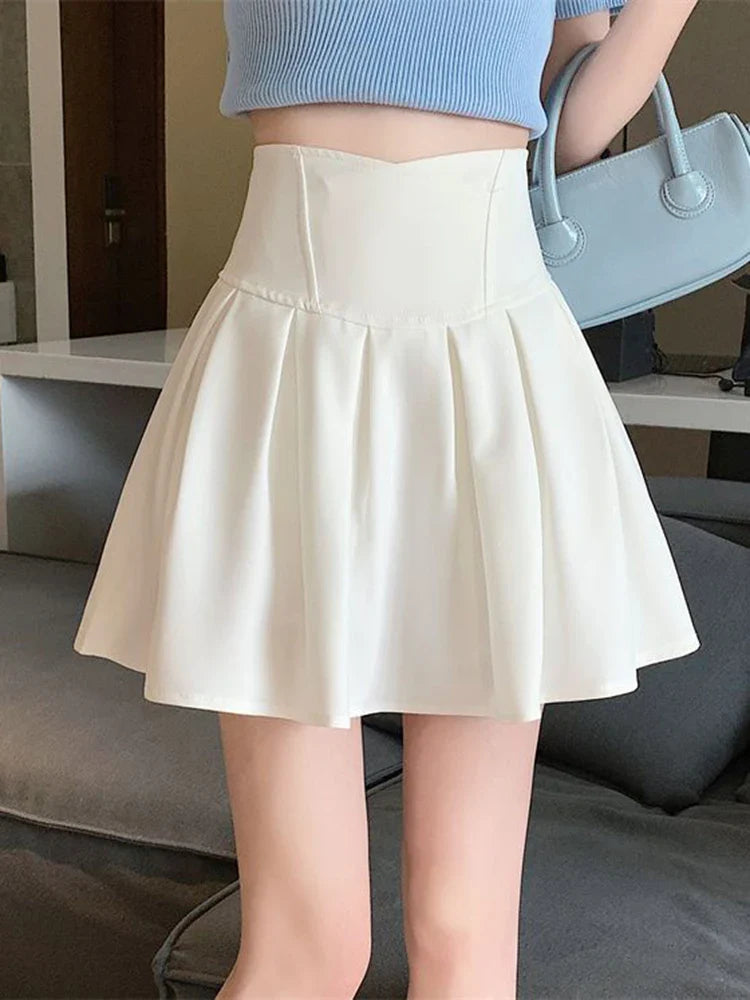 vmtvr Fashion Zipper Women Korean White Skirt Sweet High Waist Pleated A Line Mini Skirts Summer Preppy Style Female Dance Skirt