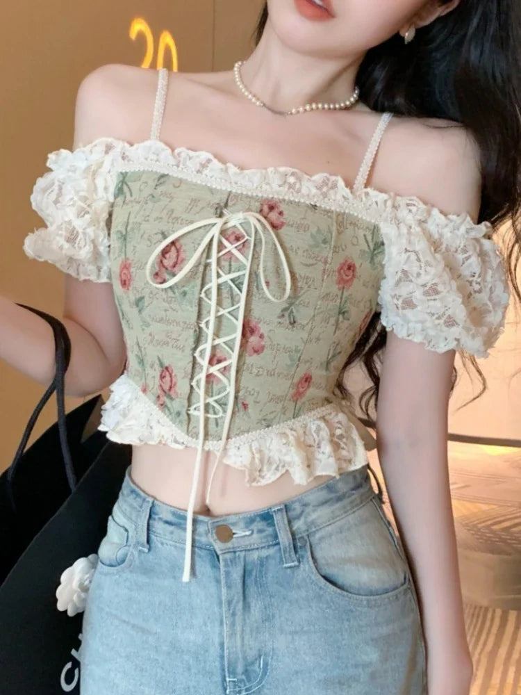 vmtvr Casual Floral Y2k Crop Tops Woman Outwear Slim Short Sleeve Elegant Blouse Office Lady Korean Style Fashion Pullover Summer