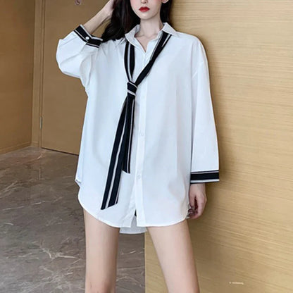 vmtvr Dark Academic Women Chiffon Shirts Korean Fashion Nine Quarter Sleeve Loose Tops Summer Streetwear Female Y2K Black Blouse