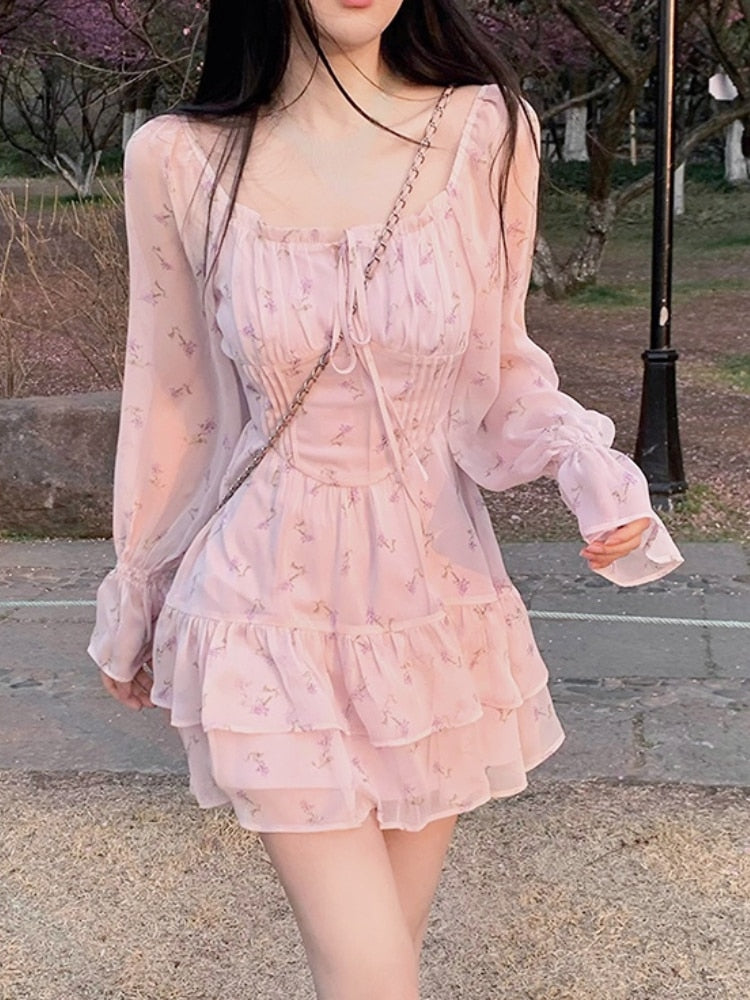 vmtvr - 2023 Summer Pink Floral Y2k Mini Dress Woman Sweet One Piece Dress Korean Fashion Chiffon Long Sleeve Short Party Dress Beach