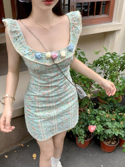 vmtvr  -  Short Dresses Womens Dresses New in  Floral Small Flying Sleeve Square Neck Dress Summer Holiday Skirt  Waist Wrap Hip Skirt