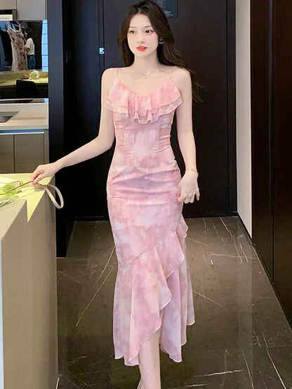 vmtvr 2024 Pink Chiffon Chic Ruffled Sling Long Dress Summer Elegant Casual Beach Sundress Women Korean Bodycon Mermaid Evening Dress