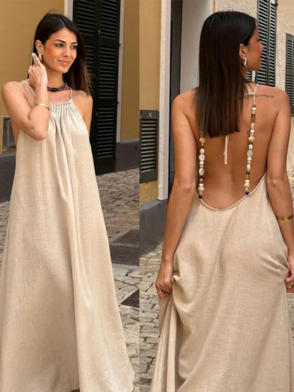 vmtvr  -  Beach Halter Suspenders Long Dress Women Loose Backless Sleeveless Solid Female Maxi Dresses Summer Lady New Vacation Robe