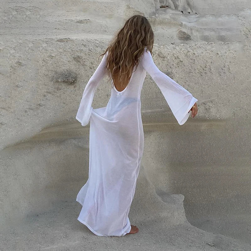 vmtvr Elegant White Knit Long Sleeve Beach Dress Holiday Sexy Open Back Club See Through Summer Party Maxi Dresses Robe