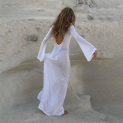 Elegant White Knit Long Sleeve Beach Dress Holiday Sexy Open Back Club See Through Summer Party Maxi Dresses Robe