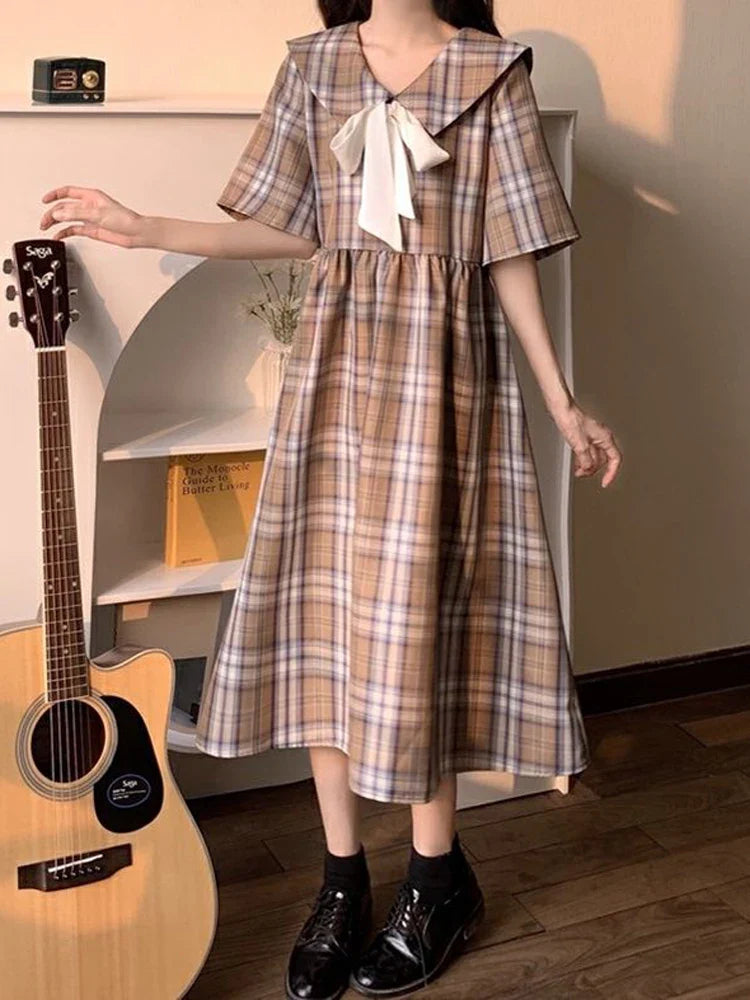 vmtvr Japan Sweet Sailor Collar Plaid Dress Women Fashion Preppy Style Cute Bow Short Sleeve Midi Dress Summer Lace Up Vestidos