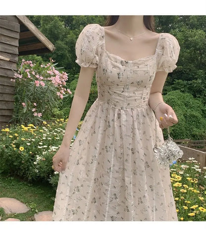 vmtvr Vintage Puff Sleeve Fairy Midi Dress Women Sweet Elegant Korean Style Floral Dress Female Summer Casual Party Dresses Chic