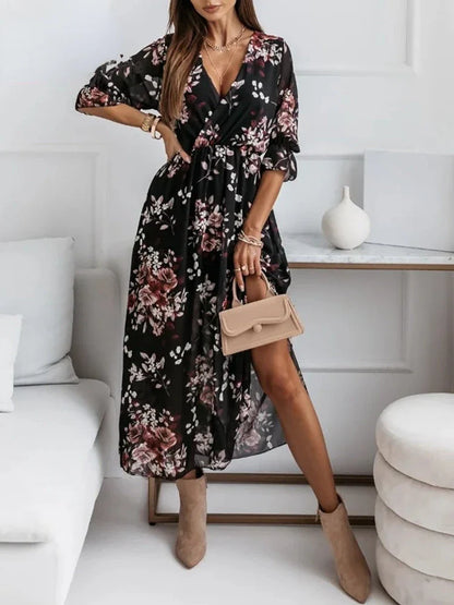 vmtvr  -  Chiffon Summer Dresses Women Elegant A-line Flower Office Spring Long Sleeve V-Neck Floral Maxi Dresses for Women Vestido