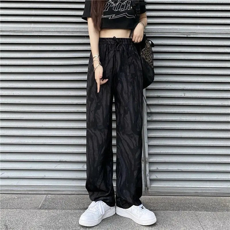 vmtvr Summer Thin Women Tie Dyed Sports Pants Harajuku Korean Fashion High Waist Hip Hop Vintage Pockets Black Loose Casual Trousers