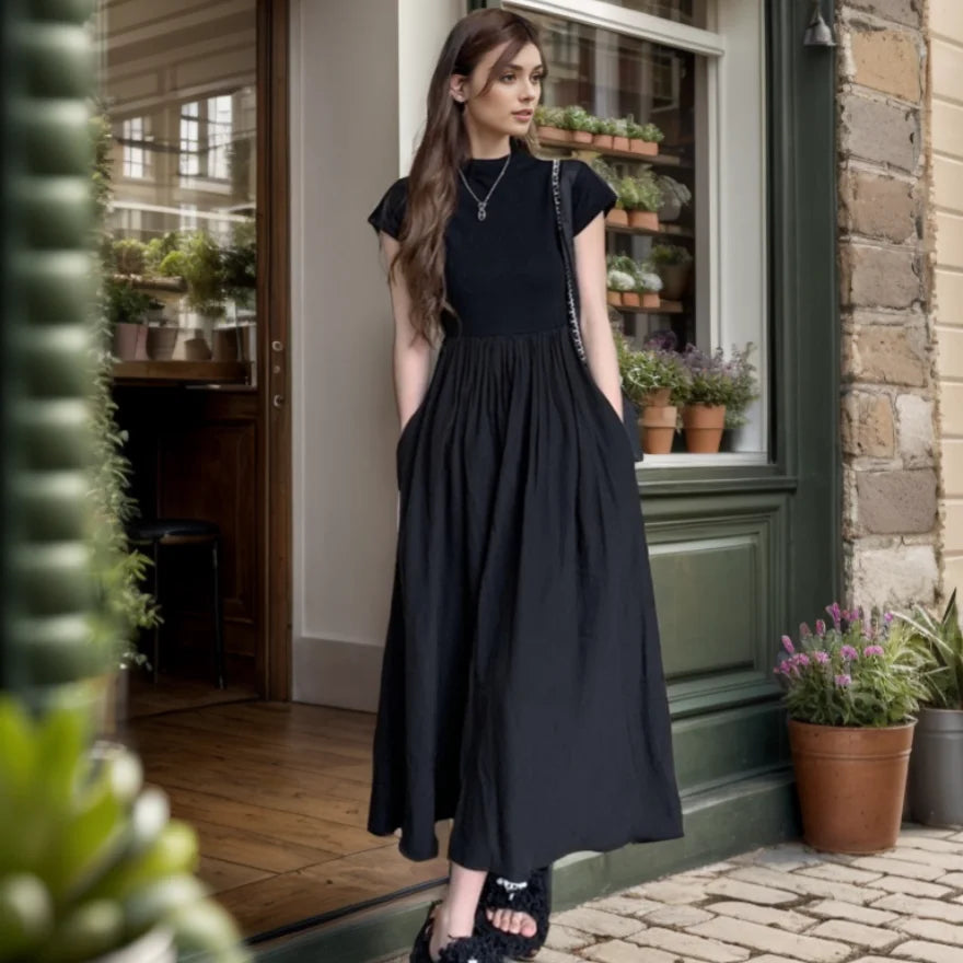 vmtvr  -  Long Dresses Womens Dresses New in Black Dress Summer Stitching Short Sleeve Round Neck Waist Slim Long Skirt High-End Women