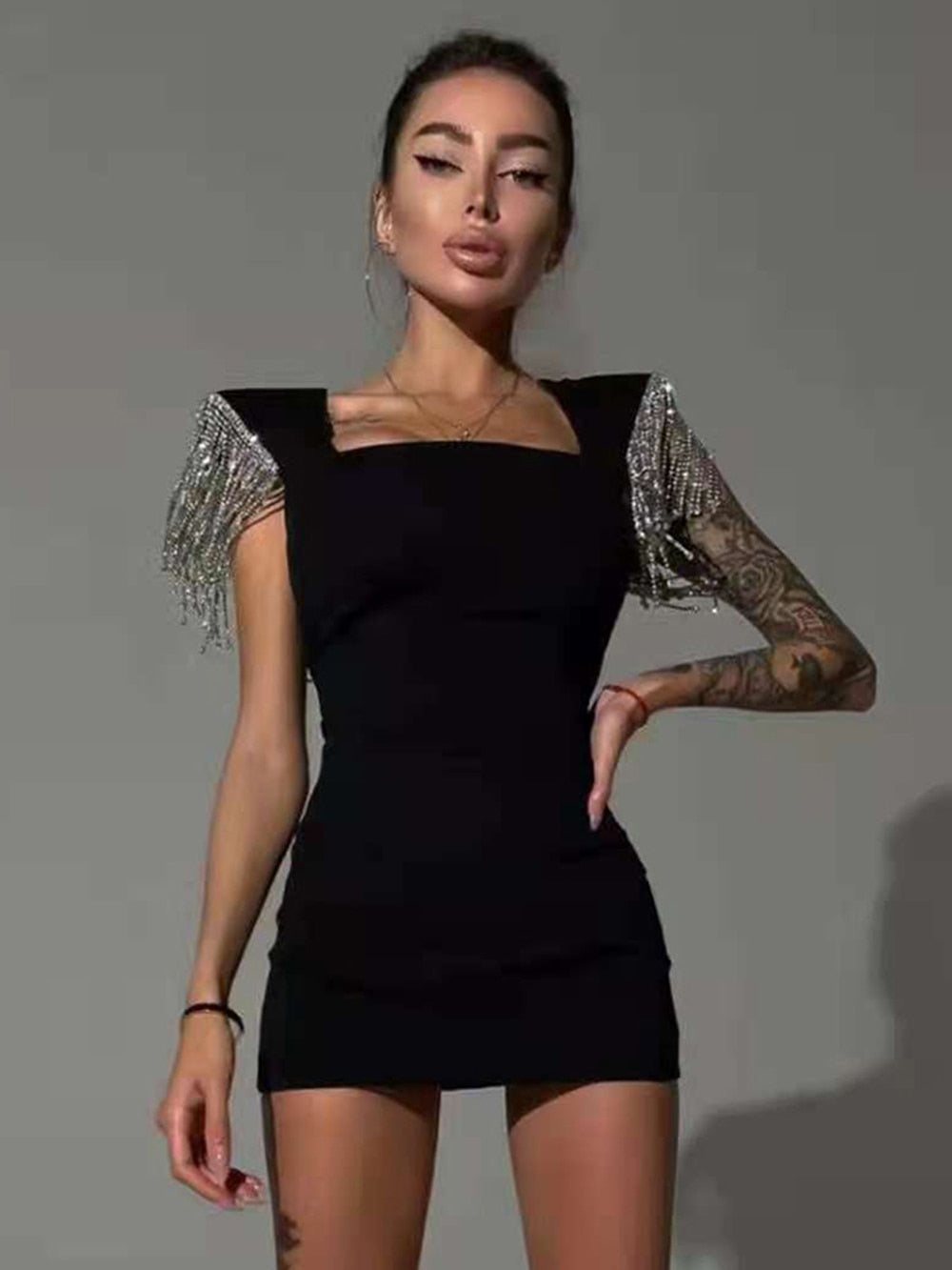 vmtvr New Ladies Summer Fashion Ladies Sexy Tassel Diamond Crystal Black Bodycon Bandage Dress Elegant Evening Party Dress