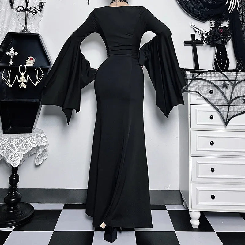 vmtvr  -  Halloween Gothic Vintage Dress Women Square Neck Patchwork Spider Web Flare Sleeves Cosplay Long Party Dress