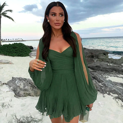 vmtvr  -  Green Chiffon Mini Dress Women Elegant Long Sleeve Holiday Beach Dresses Summer Sexy Backless Club Birthday Party Dress