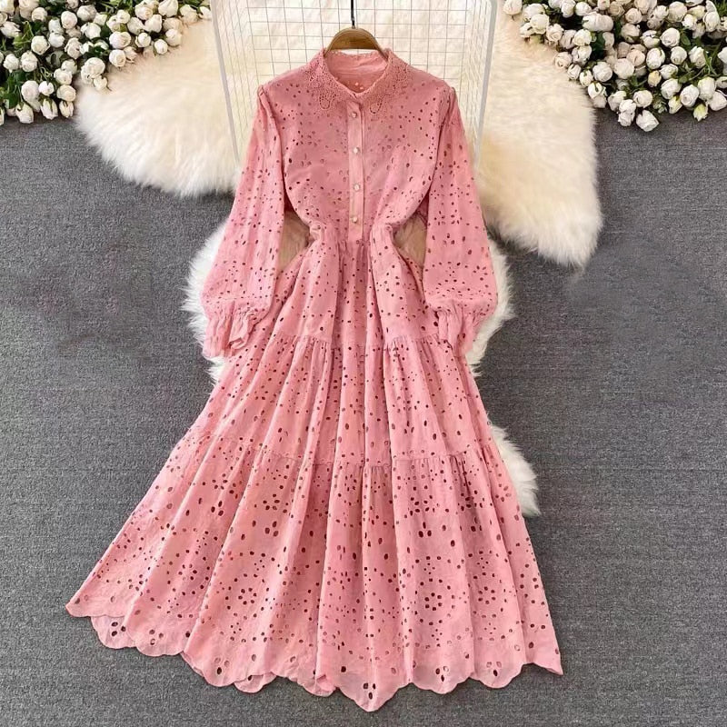 Vintage Elegant Women Summer Embroidery Hollow Out Midi Long Dresses Lady Boho A Line Vestidos Elbise Frocks Vestidos Za