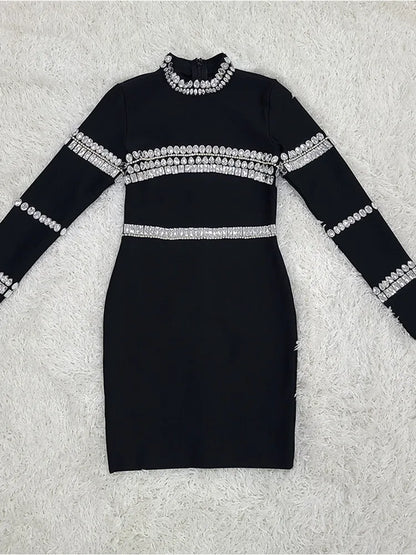 vmtvr - Brand New Women Winter Sexy Turtleneck Beading Long Sleeve Black Mini Bandage Dress  Elegant Evening Club Party Dress