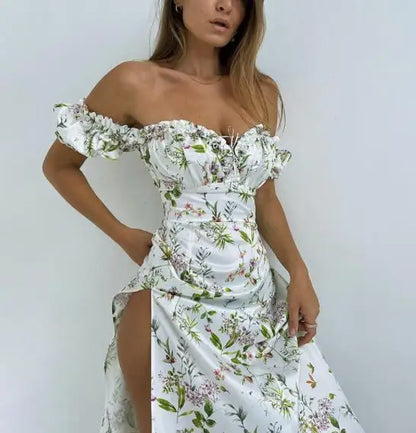 vmtvr  -  Summer Floral Off Shoulder Puff Sleeve Dress For Woman Robe Sexy Lace Up Side Split Chic Mid-Calf Aesthetic Dresses w595