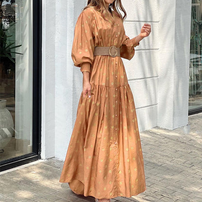 New Women Casual Solid Pleated Maxi Dress Fashion Lantern Sleeve Party Dress Spring Elegant Loose Polka Dot Print Dresses