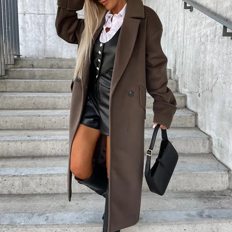 vmtvr Commuter Ladies Elegant Lapel Neck Woolen Coat Autumn Double Button Slim Long Tops Cardigan Winter Long Sleeve Warm Women Jacket