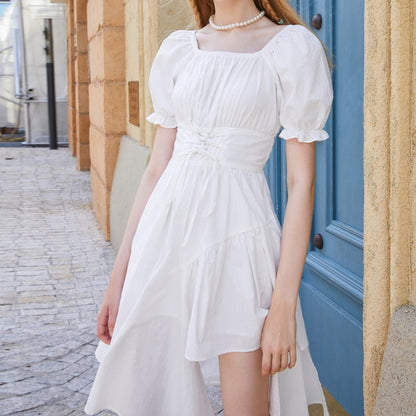 vmtvr - Women&#39;s White Dress Summer Elegant Vintage Kawaii Puff Sleeve Midi Dress Square Collar Bandage Sundress Goth Outfits