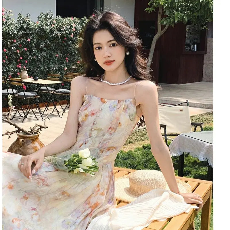 vmtvr Vintage Floral Two-piece Dress Women Chiffon Korean Elegant Long Strap Dress Female Summer Casual Beach Evening Party Dress