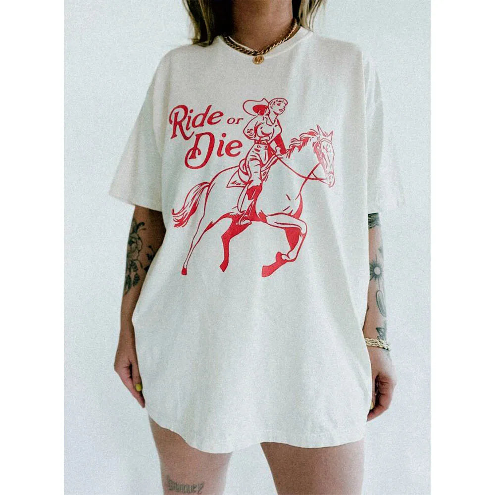 -Retro sports style outfit streetwear 90s fashion Ride or Die Printing Cowgirl Graphic Tees Summer Short Sleeve Thick Cotton Oversized White Shirts High Quality Feminist T Shirts