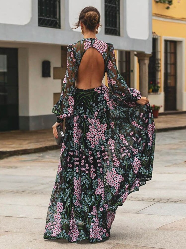 vmtvr Vintage Chic Women Floral Print O-neck Backless Sexy Bohemian Evening Dress Robe Lady Long Sleeve Boho Dresses Vestidos