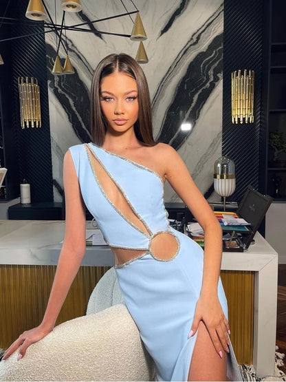 vmtvr - Diamonds Luxury Elegant One Shoulder Blue Dress Sexy Hollow Out Nightclub Bodycon Bandage Women Mini Dresses Summer