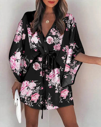 vmtvr 2023 Summer Boho Dresses Women Casual Flora Print Batwing Sleeve Lace-Up Dress Sexy V Neck Loose Ladies Beach Mini Dress Vestido