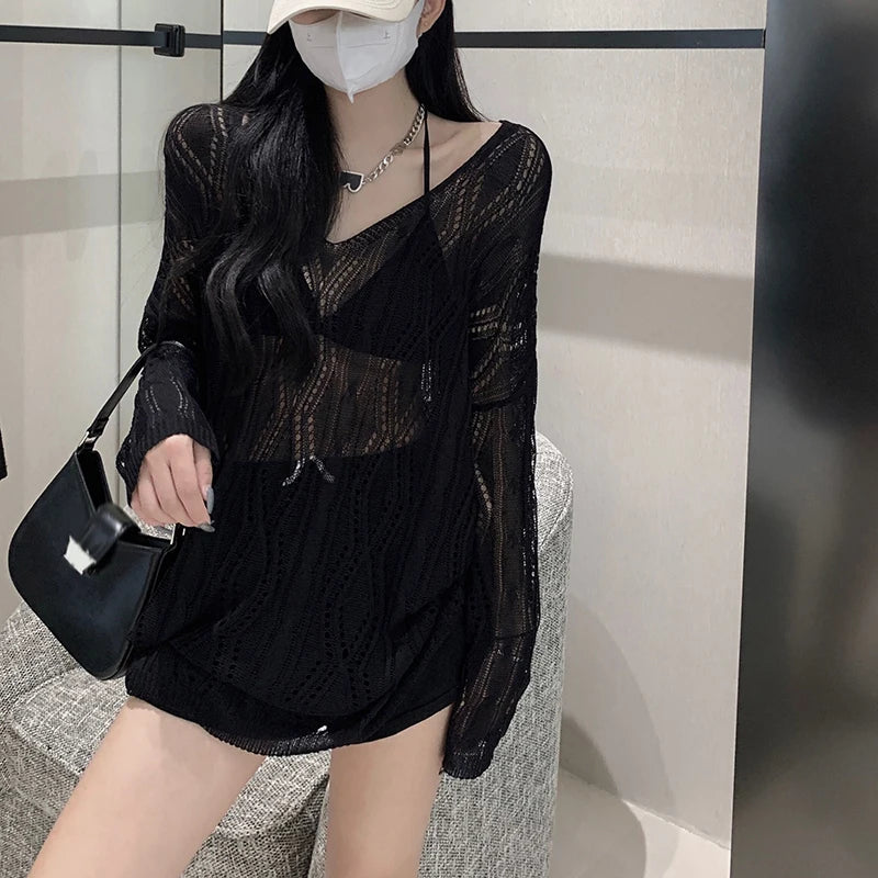 vmtvr Summer Sexy Hollow Out Knit Blouse Women Korean Fashion Lace Up Loose Sun Protection Shirts Casual Streetwear Female Tops