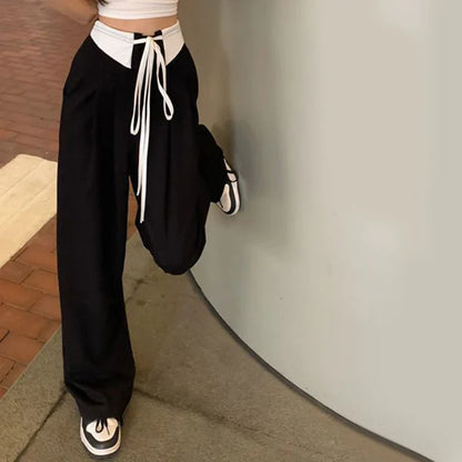 vmtvr Streetwear Women Suit Pants Summer Patchwork Black Loose Wide Leg Pants Y2K Fashion Female High Waist Bandage Trousers New