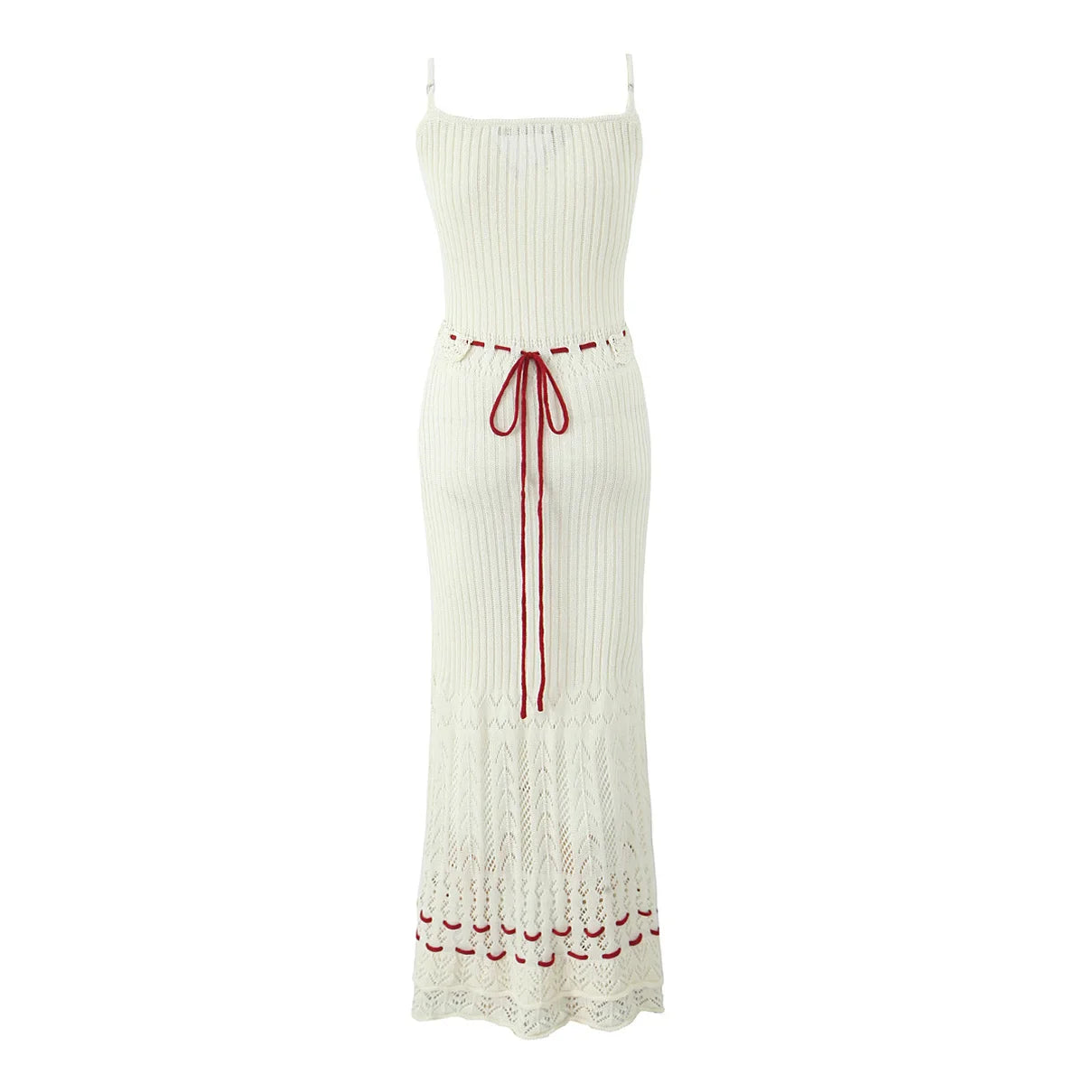 vmtvr Summer Holiday Robe Hand Made Crochet 3D Cherry Knitting Sling Dress Women Spliced Wood ears Bow Waist Midi Long Robe