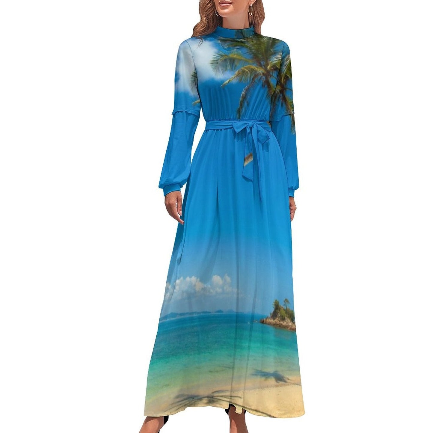 vmtvr - Hawaii Beach Dress Palm Tree Pirnt Sexy Fashion Maxi Dress High Waist Long Sleeve Street Wear Boho Beach Long Dresses