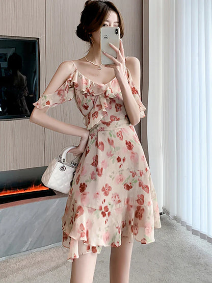 vmtvr 2024 Pink Floral Chiffon Chic Ruffled Sling Dress Women Elegant Casual Beach Dress Sets Summer Korean Fashion Casual Party Dress