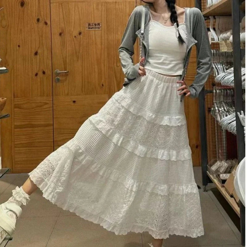 vmtvr  -  Women Cake Skirt Lace Maxi Skirt for Women Vintage Woman's Dress High Waist Vintage Sweet Girl Chic Casual Loose New White Skirt