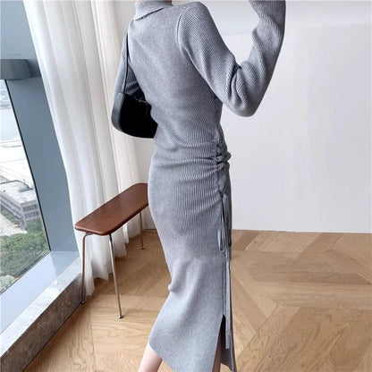 vmtvr Woman Knitted Long Dress Autumn Winter New Sexy Lapel Elegant Commuter Drawstring Waist Slim Bottom Dress Women's Clothing