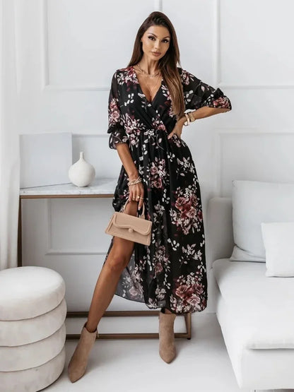 vmtvr  -  Chiffon Summer Dresses Women Elegant A-line Flower Office Spring Long Sleeve V-Neck Floral Maxi Dresses for Women Vestido