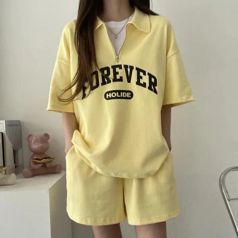 - Oversized Loose Letter Blouses Shorts Sets Female 2 Piece Set Women Outfit Casual Korean Suits Y2k Womens Summer Short Sets