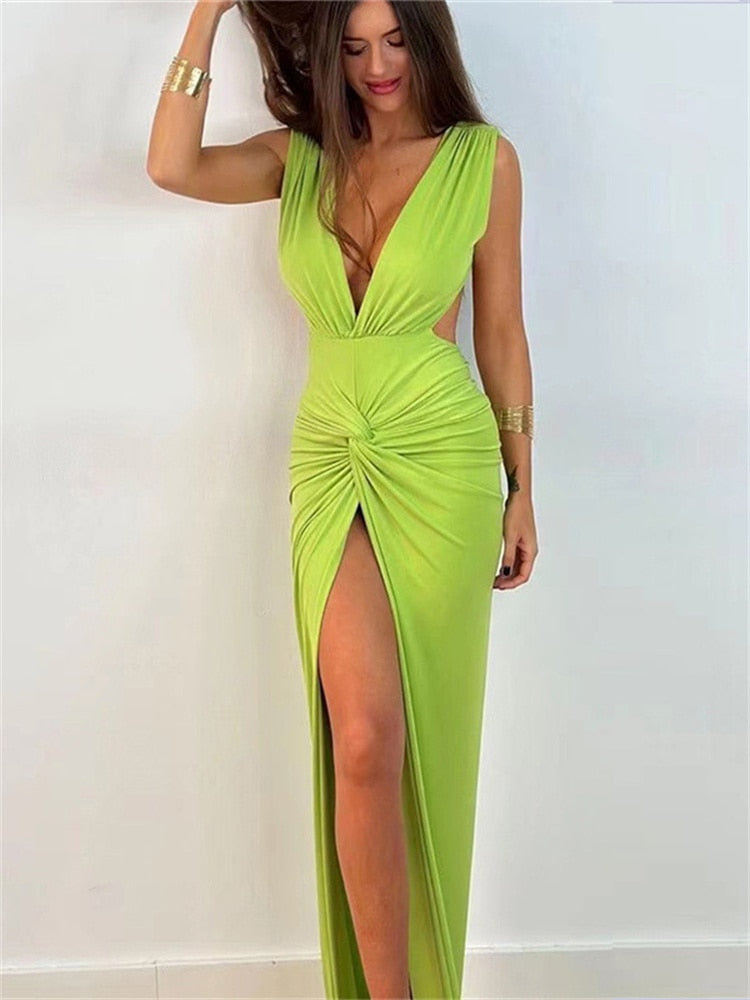 Sexy Deep V-neck Backless Dresses Sleeveless Ruched Bodycon Slit Maxi Dress For Women Club Evening Birthday Party Dress