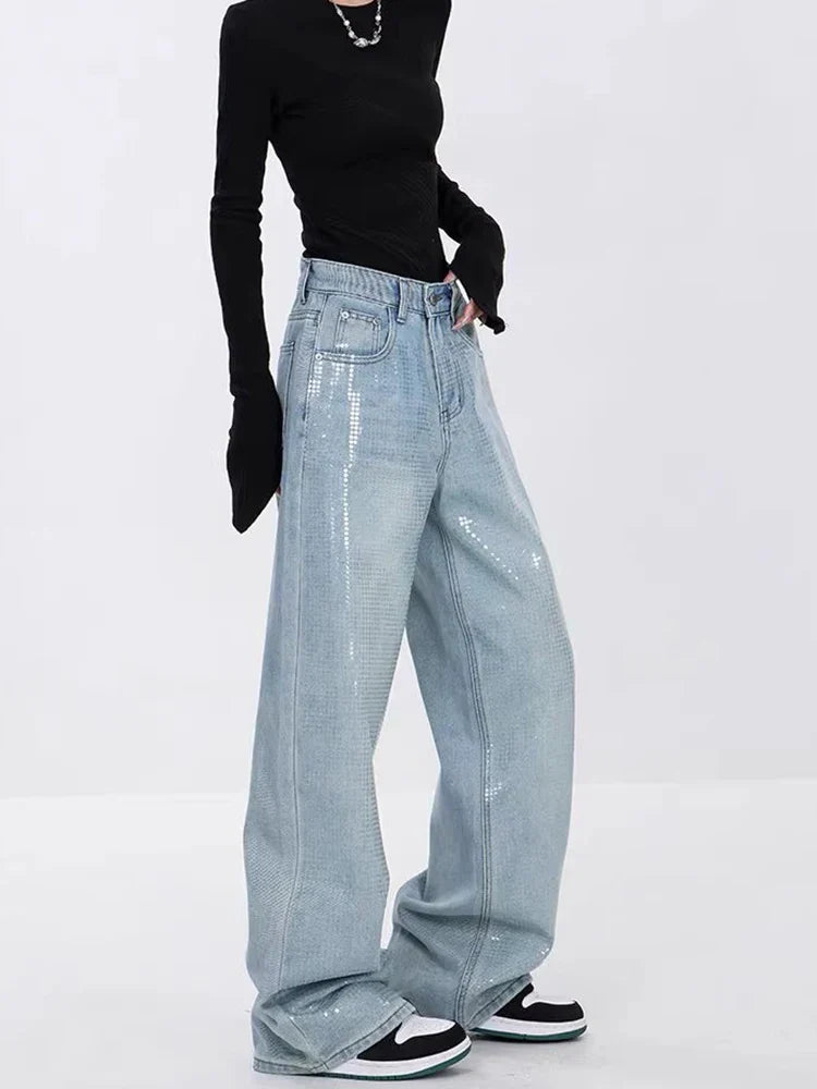 vmtvr Heavy Sequins Jeans for Women 2024 Summer New Fashion Retro High Waist Loose Casual Straight Denim Pants Wide Leg Pants