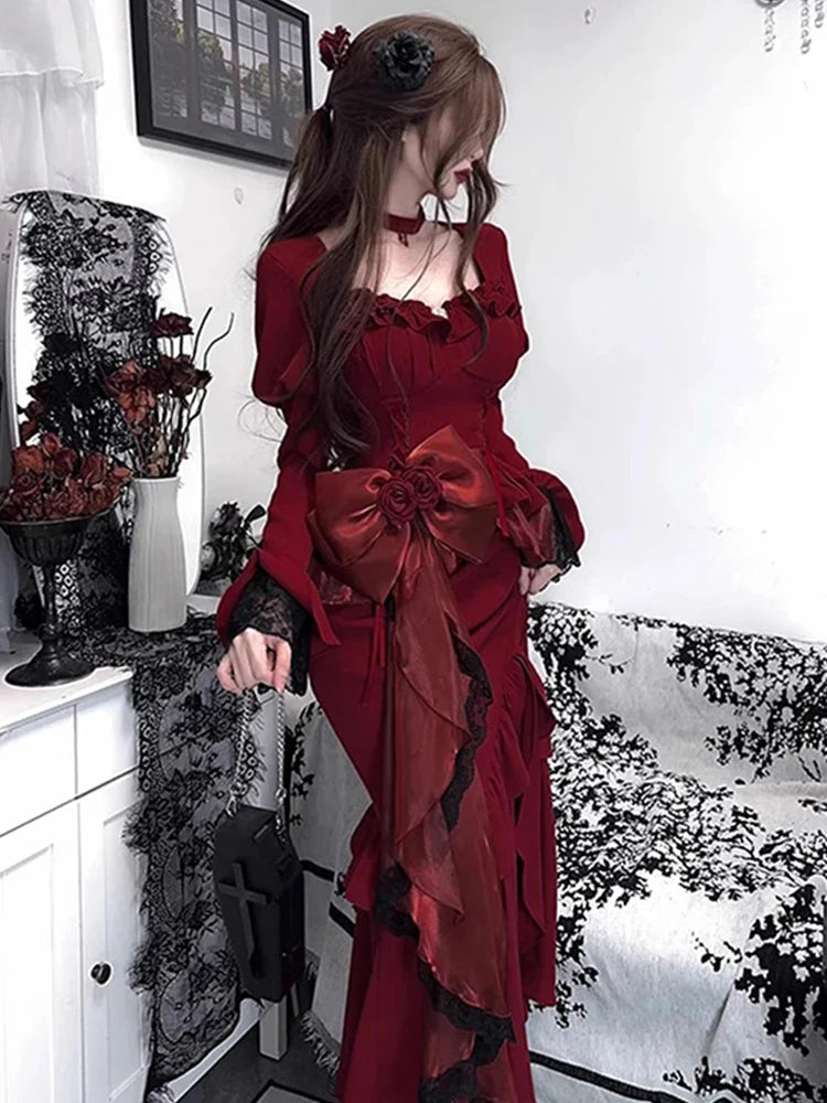 vmtvr  -  Red Thigh-high Slit Mermaid Dress Birthday Evening Gown Big Bow at Waist