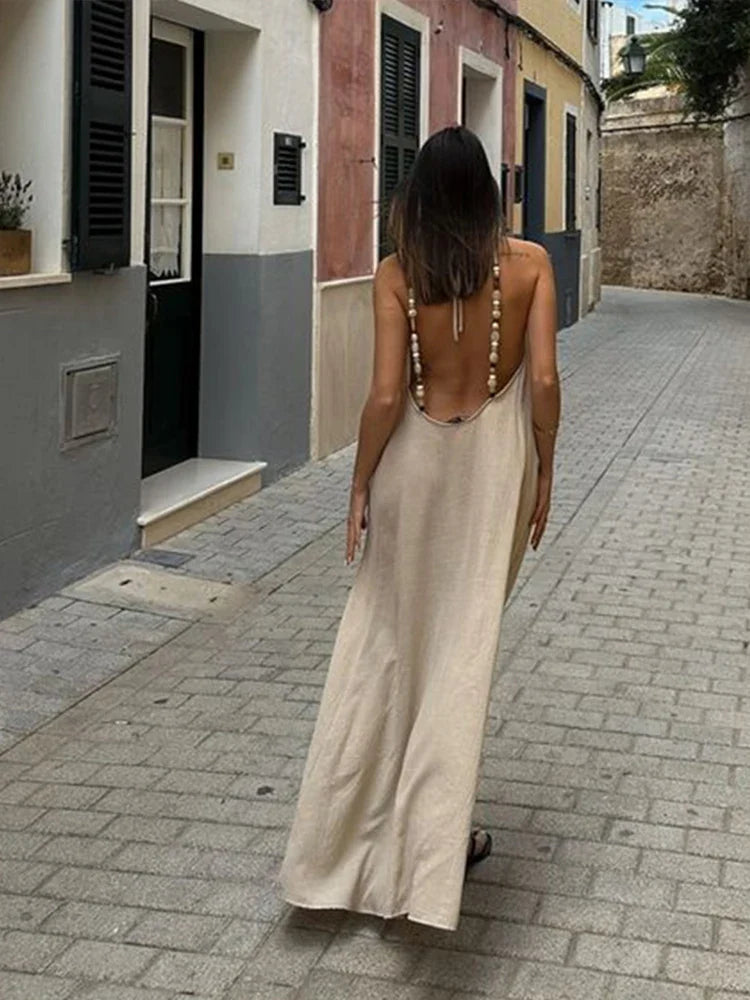 vmtvr  -  Beach Halter Suspenders Long Dress Women Loose Backless Sleeveless Solid Female Maxi Dresses Summer Lady New Vacation Robe