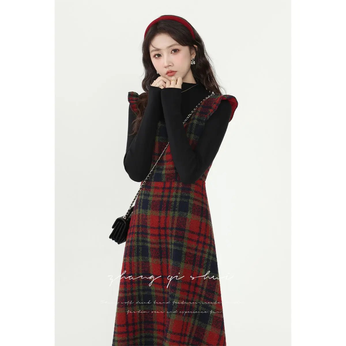 vmtvr  -  Korea Chic Feminine Vestidos Women Ruffles Elegant Retro Cute Vintage Woolen Red Plaid Shirt Dress