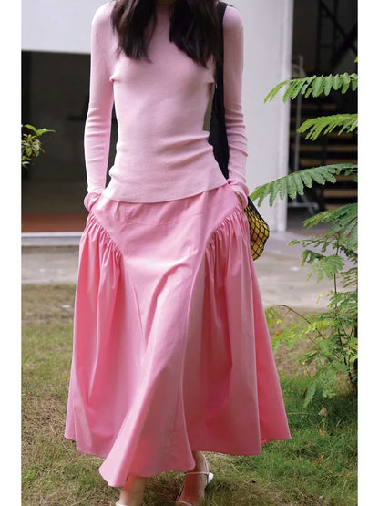 vmtvr Pleated Design High Waist Skirt For Women Solid Color A-line Office Lady Loose Skirts Summer New