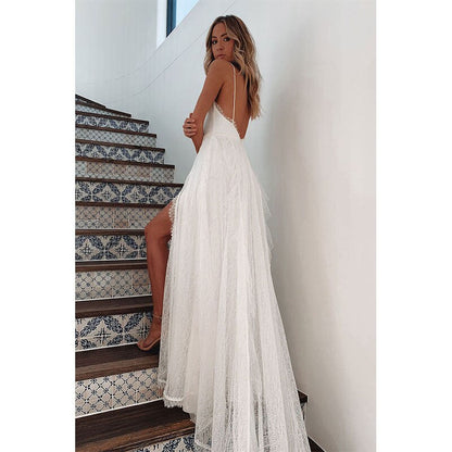 vmtvr Woman Wedding Maxi Slip Dress Summer Sexy Bridesmaid Banquet White Split V Neck Backless Lace Female Long Elegant Evening Dress