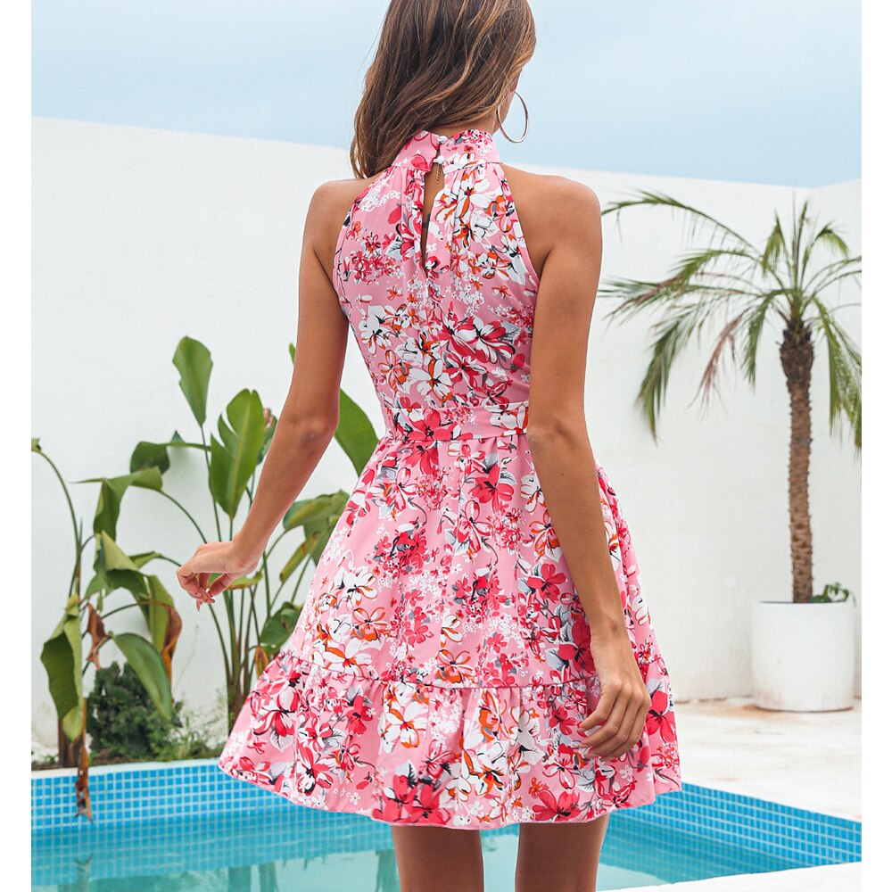 Pink Floral Print Ruffled Bohemia Dress for Women Halter Neck Sleeveless Slim Lace Up Beach Dress Summer Sexy Cutout Mini Dress