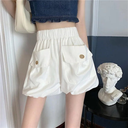 vmtvr Summer Women Shorts Korean High Waist Female Streetwear Lantern Shorts Fashion Big Pocket Button Loose Sports Shorts