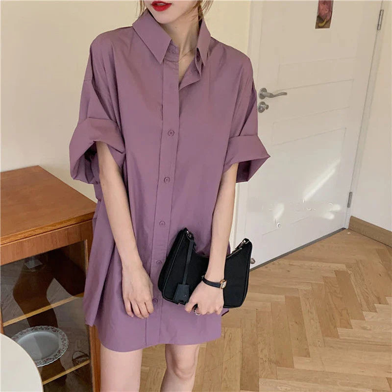 vmtvr Summer Vintage Women Shirts Korean Casual Loose Mid Length Shirts Y2K Female Bf All Match Short Sleeve Tops New