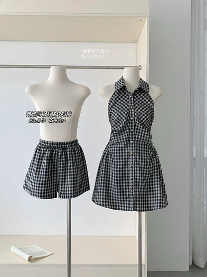 vmtvr  -  Korean Tide Fashion Polo Plaid Single Breasted Halter Dress Women New Design 2 Piece Slim One-Piece Frocks + Anti Glare Shorts